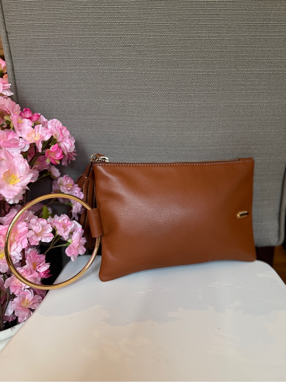 Classic Tan Leather Wristlet Clutch with Gold Ring Handle